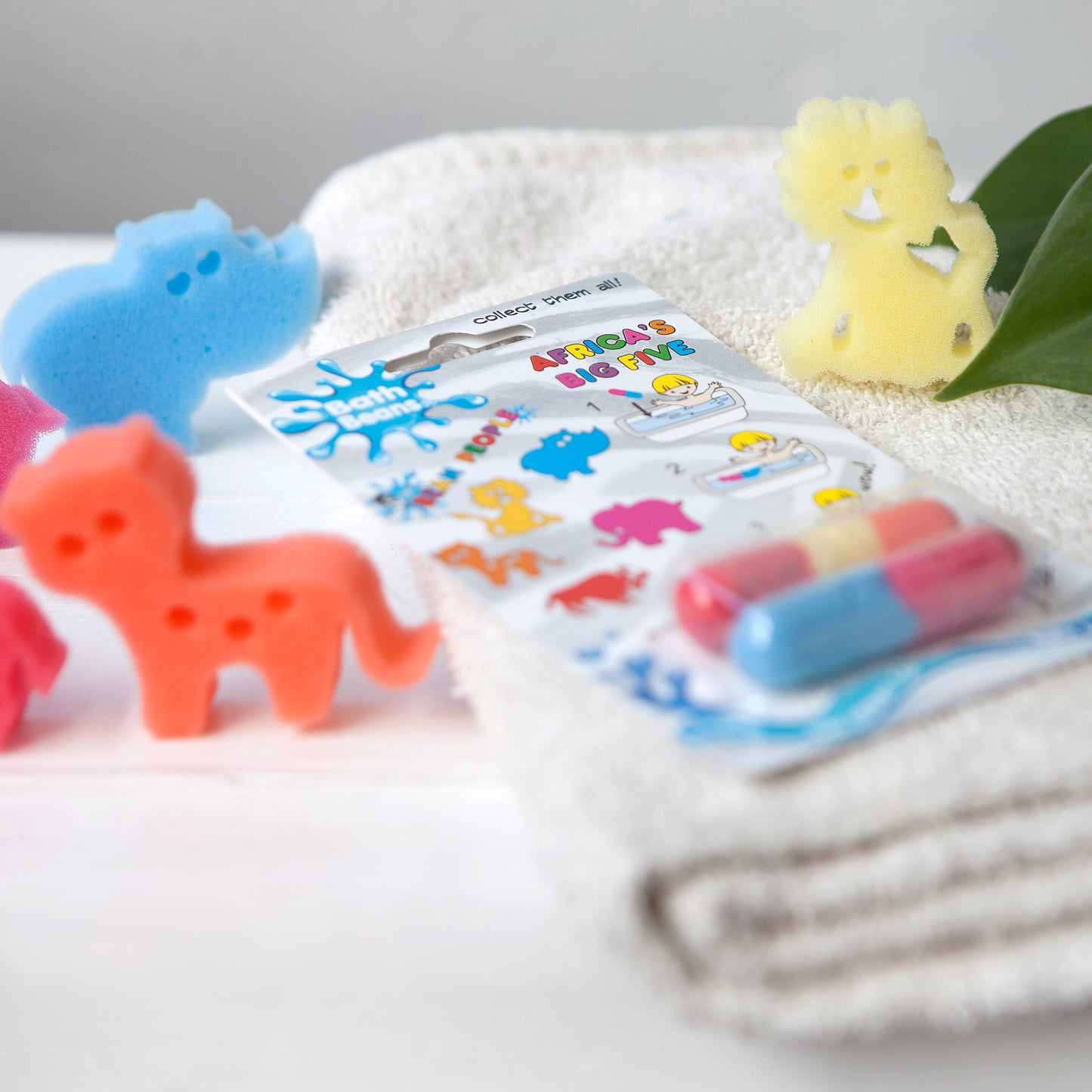 Africa's Big Five Bath Beans pack with rhino, lion, cheetah, elephant and buffalo sponge toys