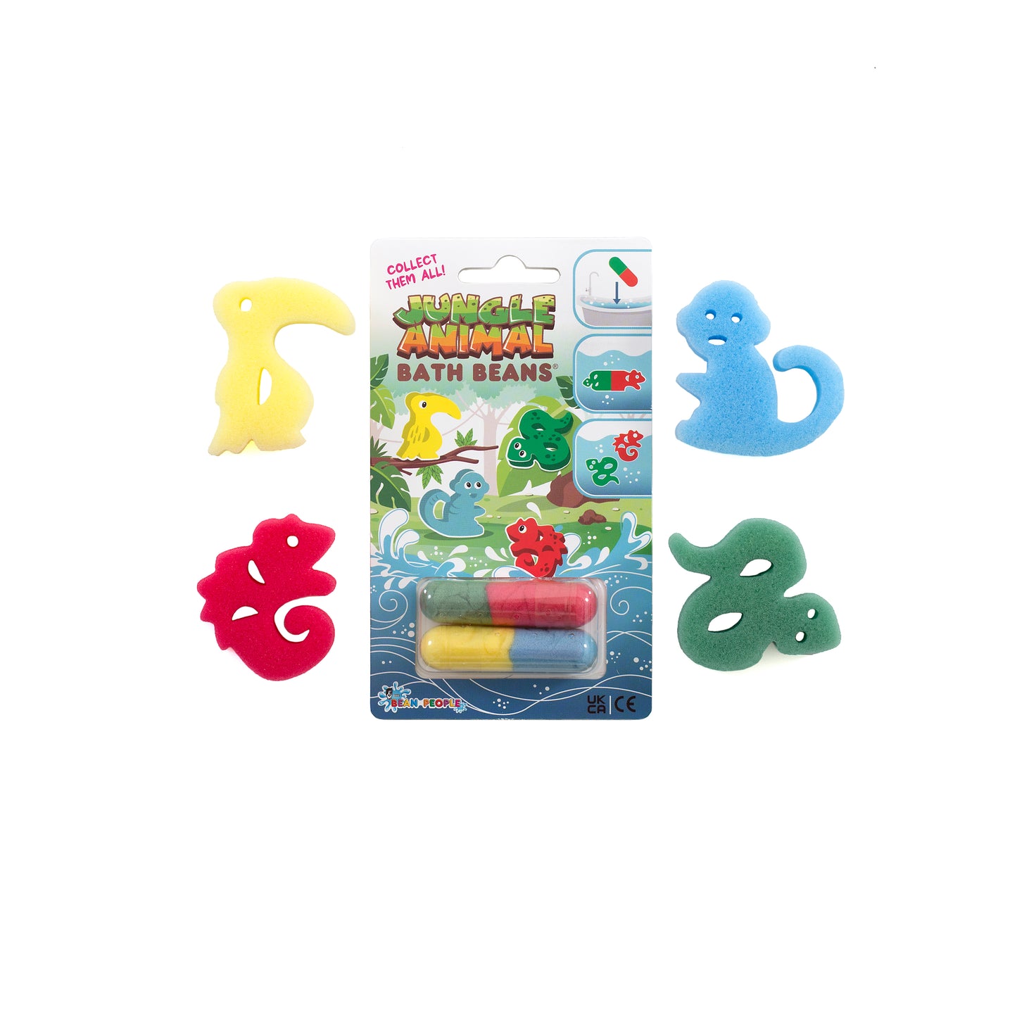 Jungle Animal Bath Beans pack with toucan, snake, monkey and chameleon sponge toys