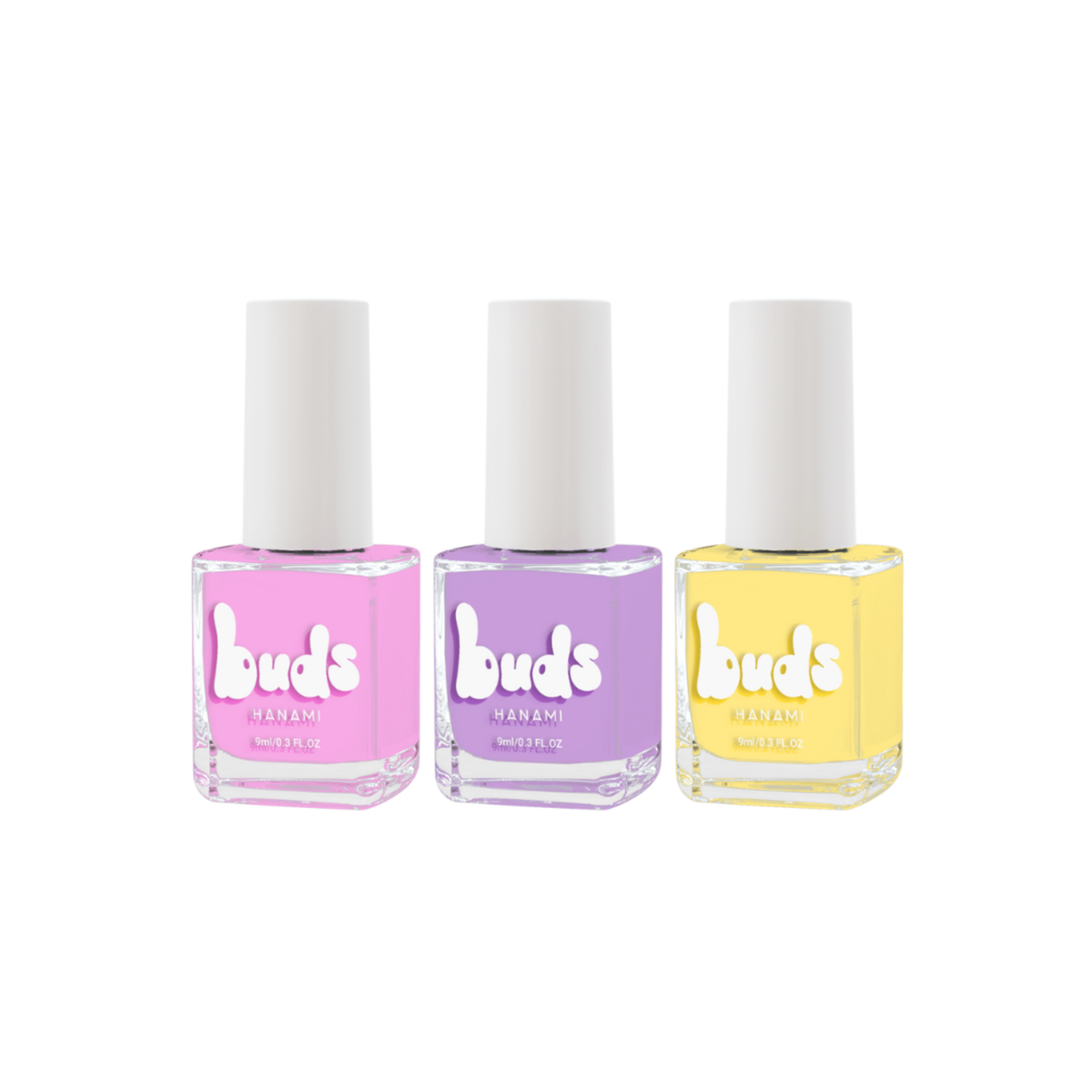 Buds Fizz trio of kids nail polishes in pink, purple and yellow