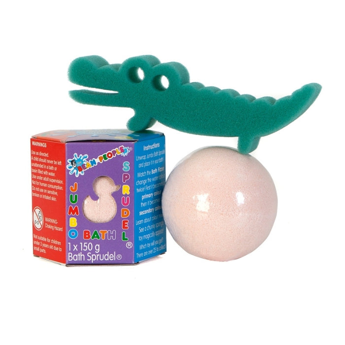 Jumbo Bath Bomb Sprudel beside its box with a green crocodile sponge toy