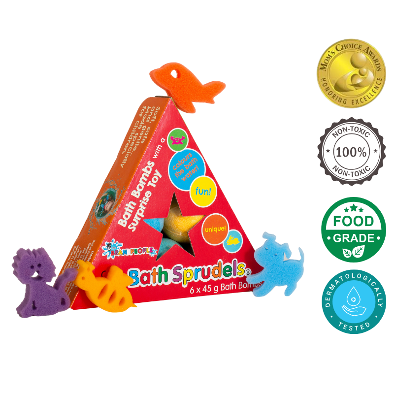 Kids Bath Bomb Sprudels 6 pack with award badges and surprise sponge toys