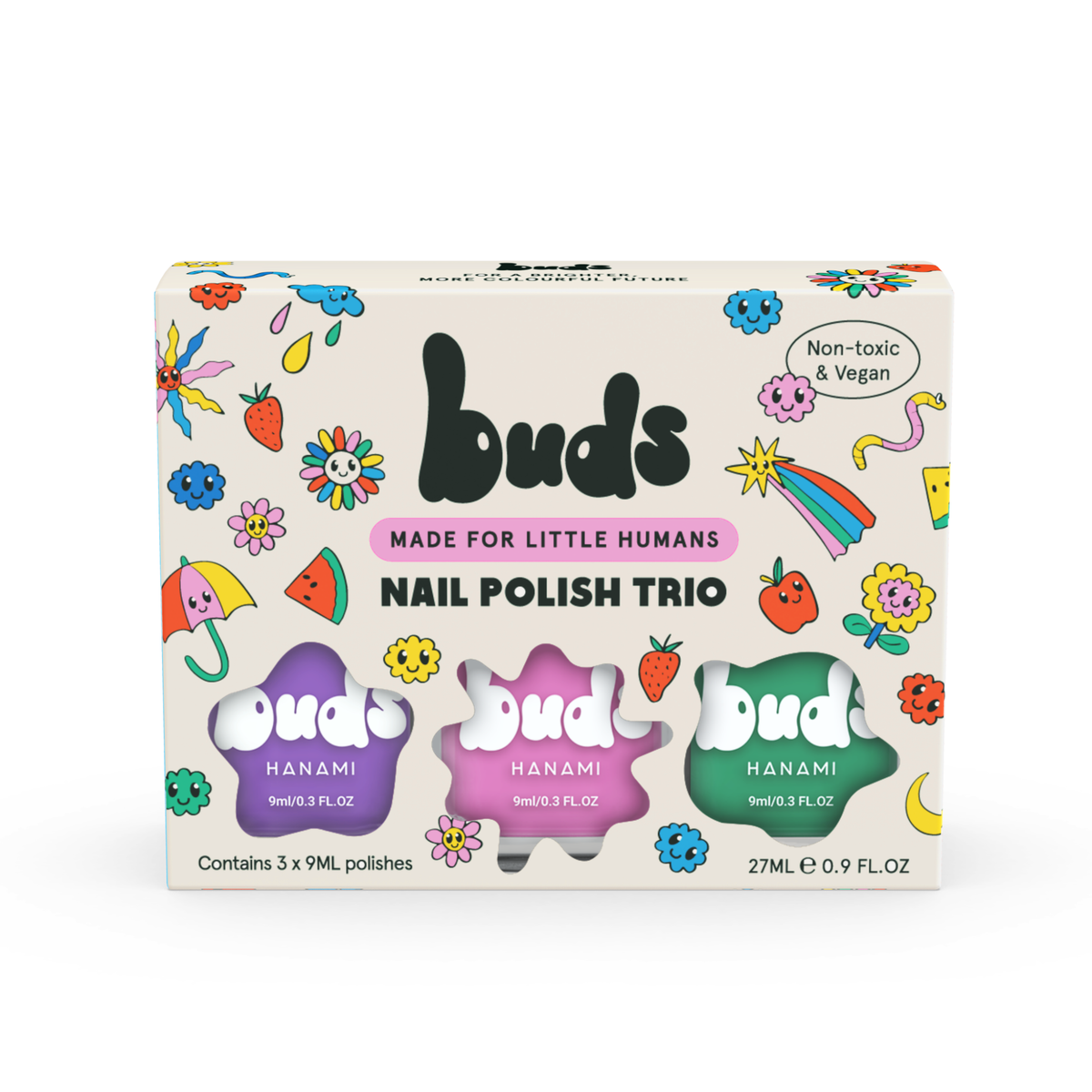 Buds Twist nail polish trio box with purple, pink and green kids nail polishes