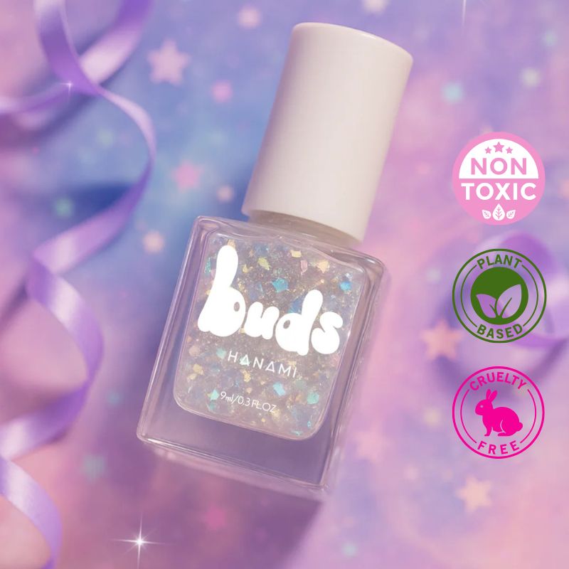Milkyway glitter Buds kids nail polish bottle on a sparkly purple background with a non-toxic badge