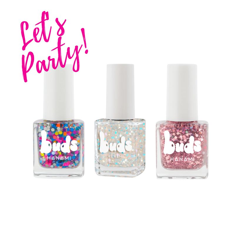 Buds Let's Party trio of kids nail polishes: confetti, clear glitter and pink glitter