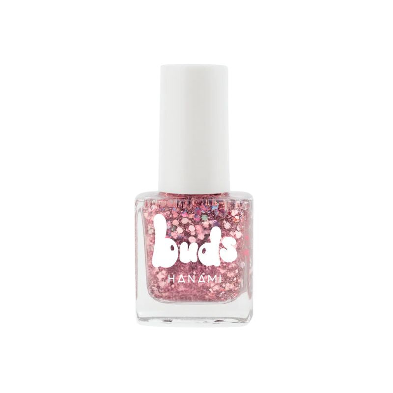 Tutu sparkly pink glitter Buds kids nail polish bottle on a white background