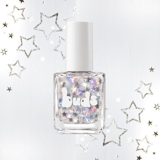 Twinkle Buds kids nail polish bottle with silver stars on a white background