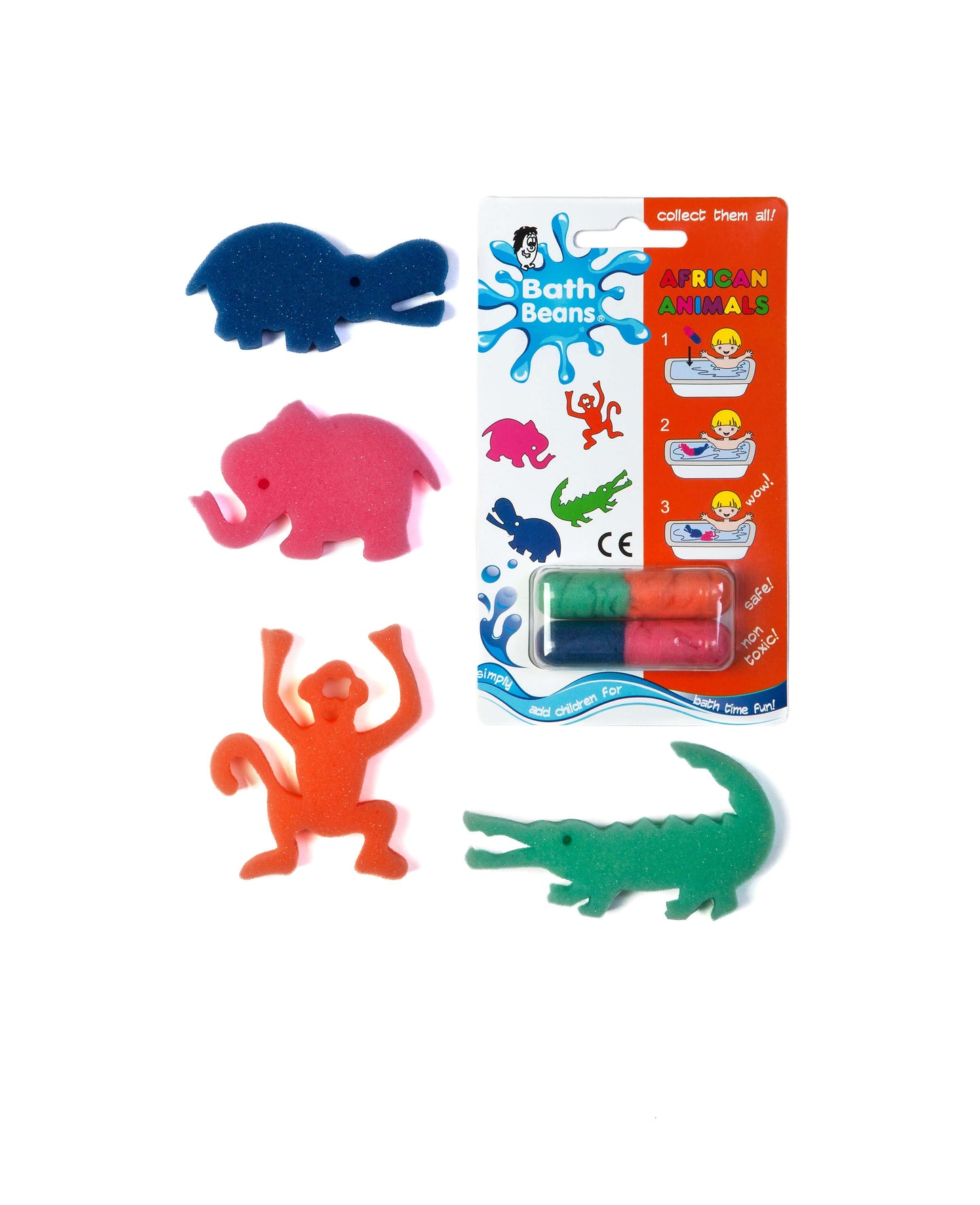 African Animals Bath Beans pack with monkey, crocodile, hippo and elephant sponge toys