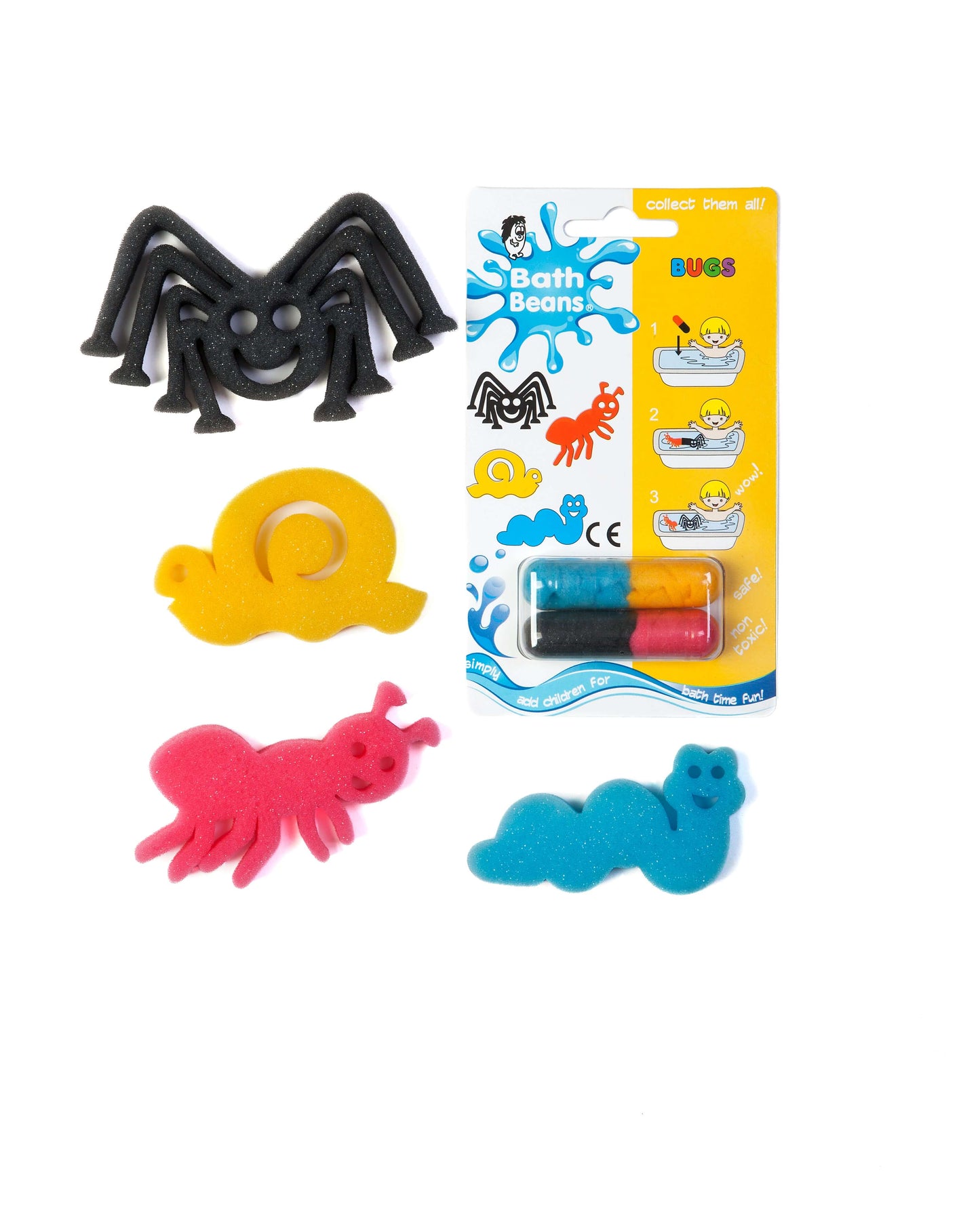 Bugs Bath Beans pack with spider, slug, snail and ant sponge toys