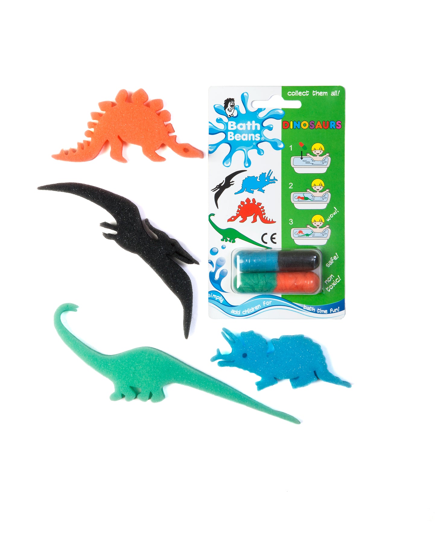 Dinosaur Bath Beans pack with brontosaurus, triceratops, stegosaurus and pterodactyl sponge toys