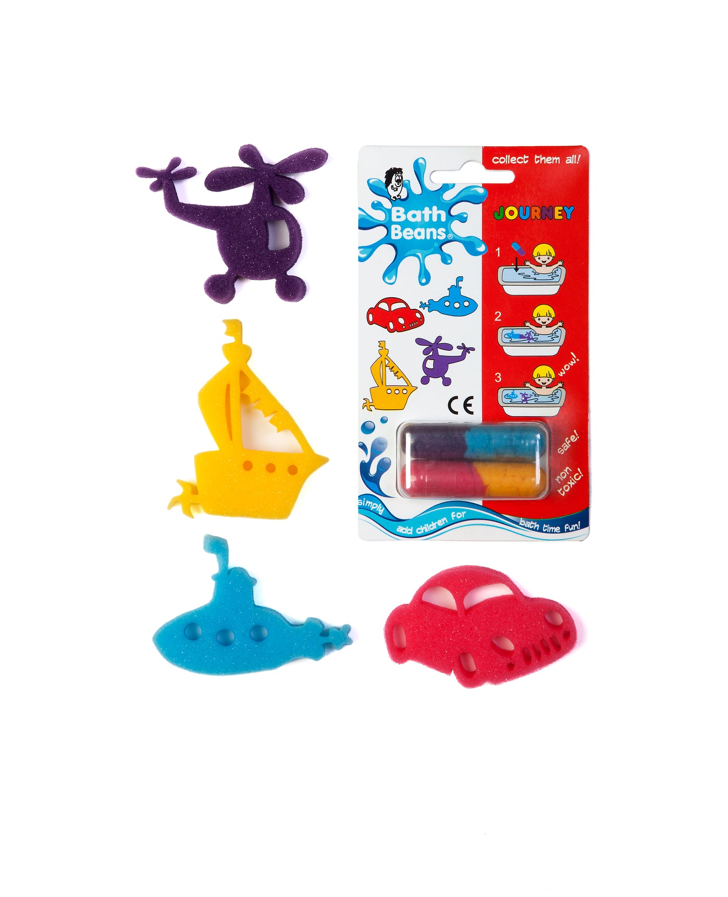 Journey Bath Beans pack with helicopter, car, submarine and sailing ship sponge toys