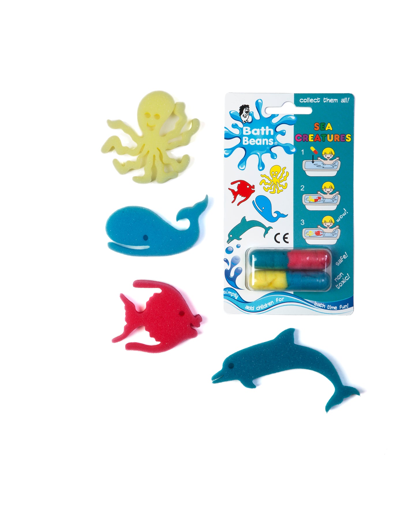 Sea Creatures Bath Beans pack with dolphin, fish, whale and octopus sponge toys