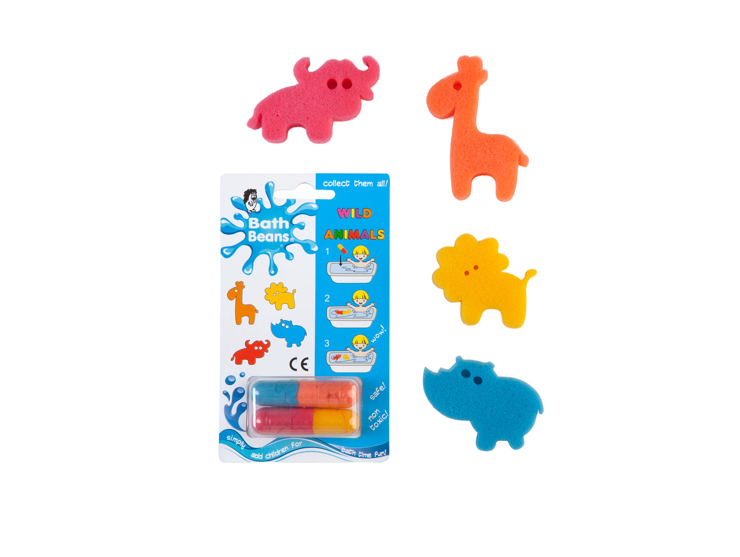 Wild Animals Bath Beans pack with lion, giraffe, rhino and buffalo sponge toys