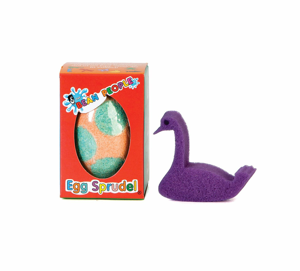 Egg Bath Bomb Sprudel in red packaging with a purple bird sponge toy