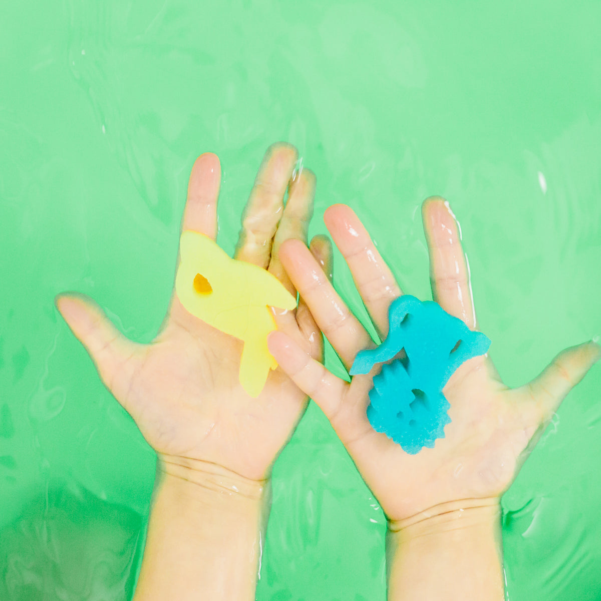 Blue and yellow sponge toys from kids bath bombs
