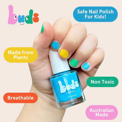 Hand holding a blue Buds kids nail polish bottle with callouts: made from plants, non-toxic, breathable, Australian made