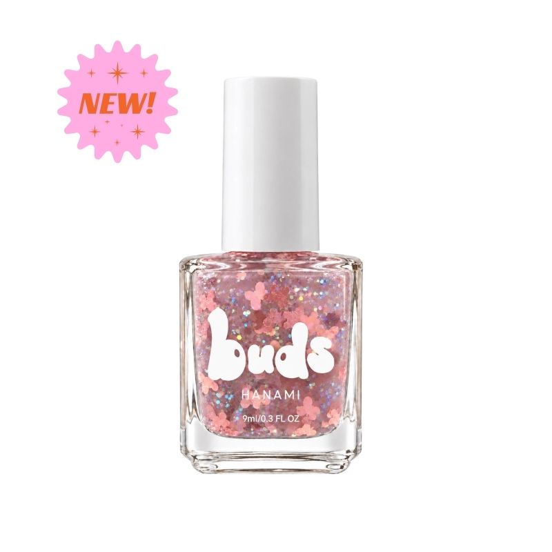 Butterfly Buds kids nail polish bottle with pink butterfly glitter
