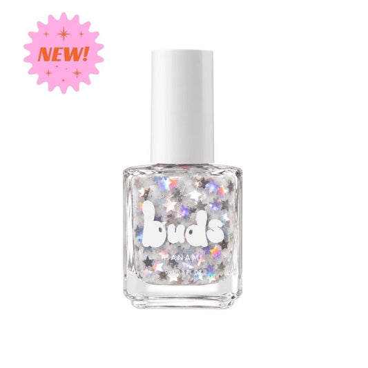 Twinkle Buds kids nail polish bottle with silver star glitter in a clear base