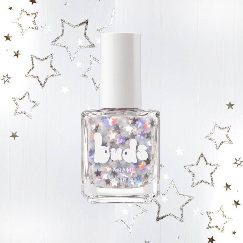 Twinkle Buds kids nail polish bottle with silver stars on a white background