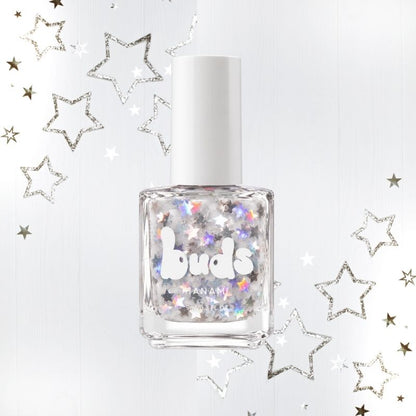 Twinkle Buds kids nail polish bottle with silver stars on a white background