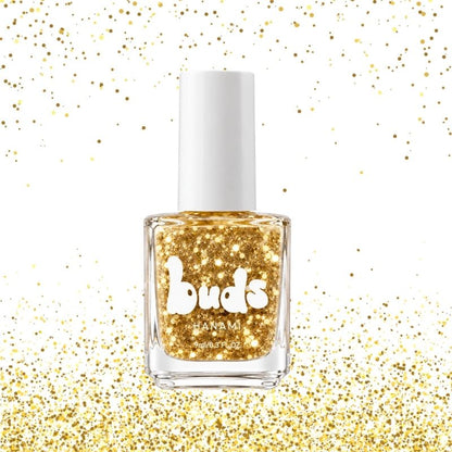 Lucky gold glitter Buds kids nail polish bottle surrounded by gold sparkles