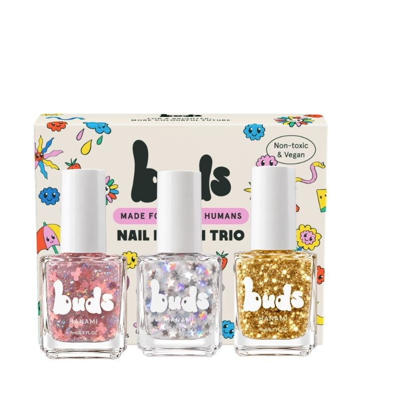 Buds Dazzle Trio box with Butterfly, Twinkle and Lucky glitter nail polish bottles
